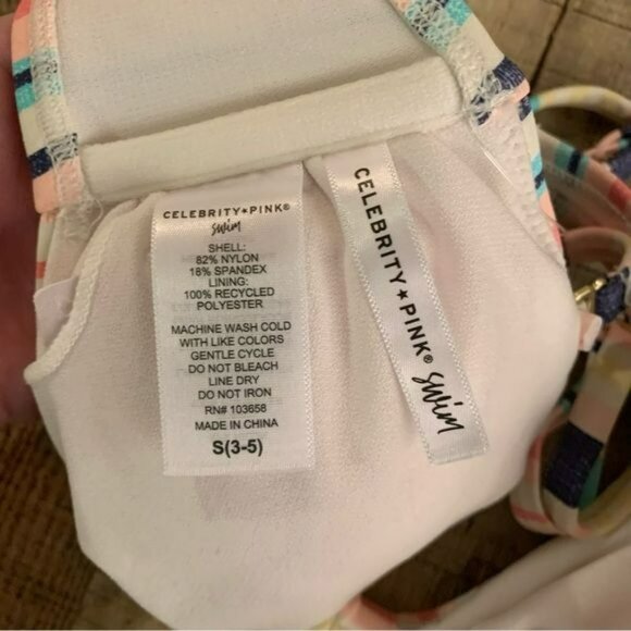 Striped Celebrity Pink Bikini Top Adjustable Straps Soft Cup Padding Swimwear - Picture 6 of 7